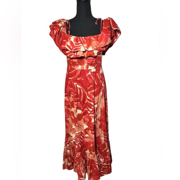 Zara Dresses & Skirts - Zara Red Marble Maxi Dress Off Shoulder Tiered Ruffles Lightweight‎ Size M